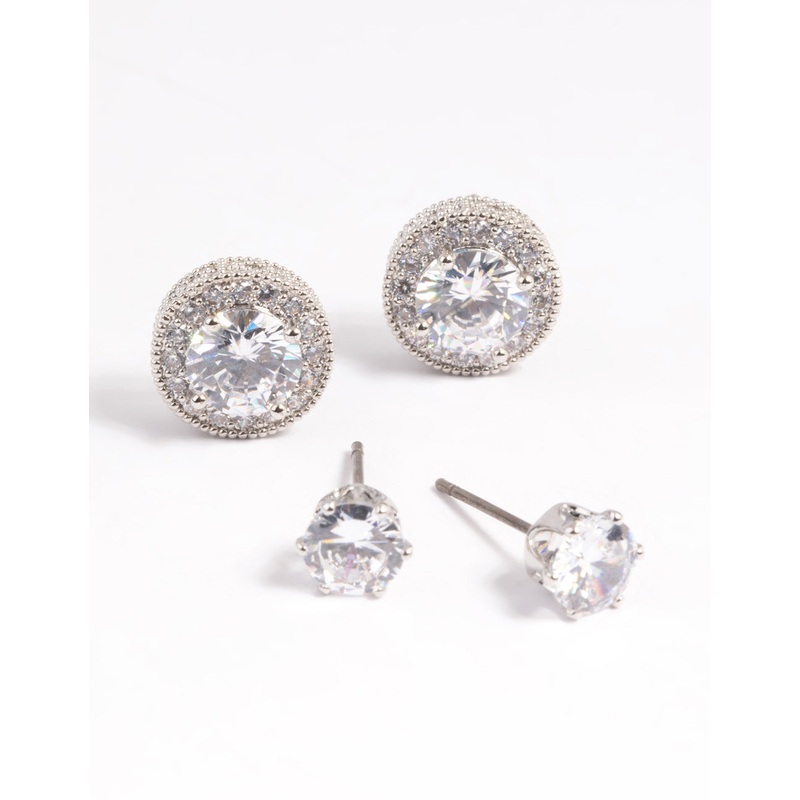 Silver Diamond Simulant Stud Earring Set