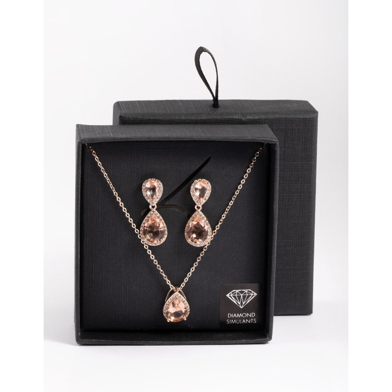 Diamond Simulant Rose Gold Double Teardrop Necklace & Earring Set