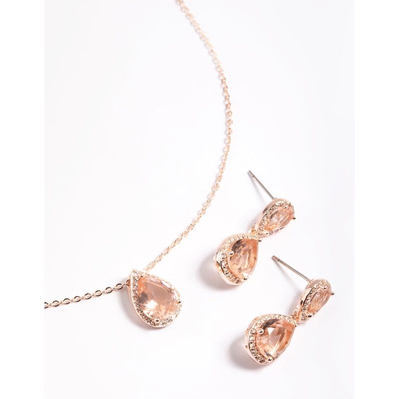 Diamond Simulant Rose Gold Double Teardrop Necklace & Earring Set