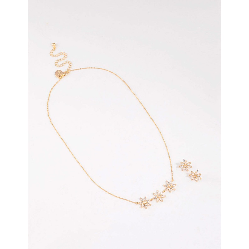 Gold Cubic Zirconia Triple Flower Necklace & Earrings Set