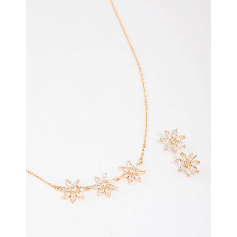 Gold Cubic Zirconia Triple Flower Necklace & Earrings Set