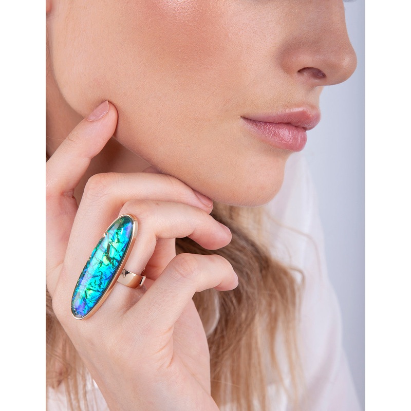 Gold Long Oval Foil Stone Ring