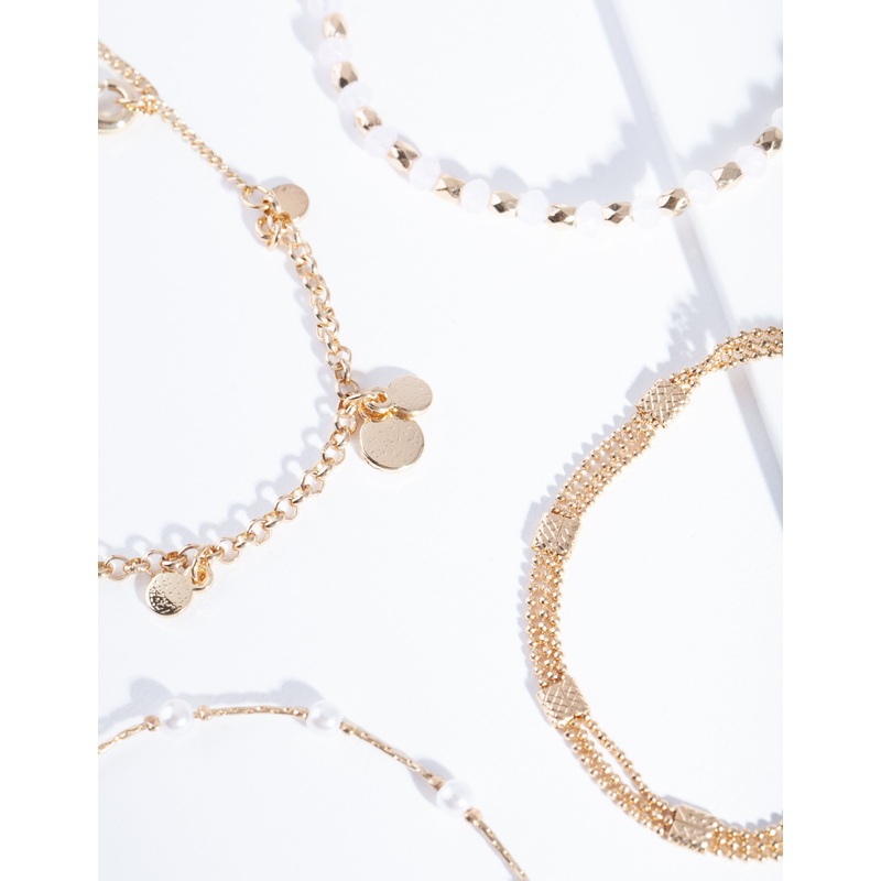 Gold Pearl Facet Bead Bracelet & Anklet 4-Pack Set