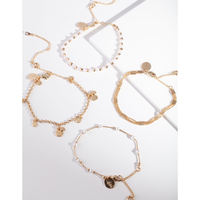 Gold Pearl Facet Bead Bracelet & Anklet 4-Pack Set