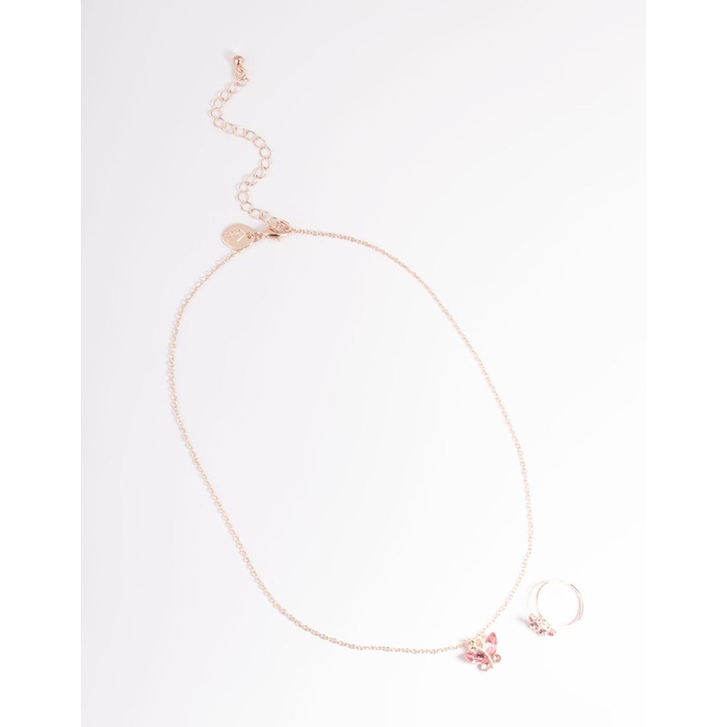 Kids Pink Diamante Butterfly Necklace & Ring Set