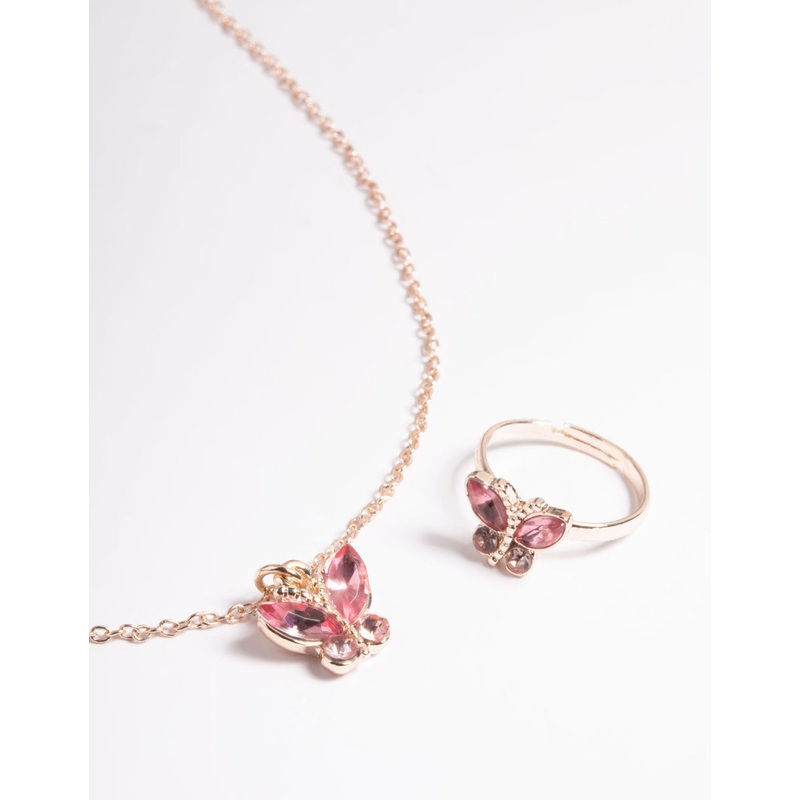 Kids Pink Diamante Butterfly Necklace & Ring Set