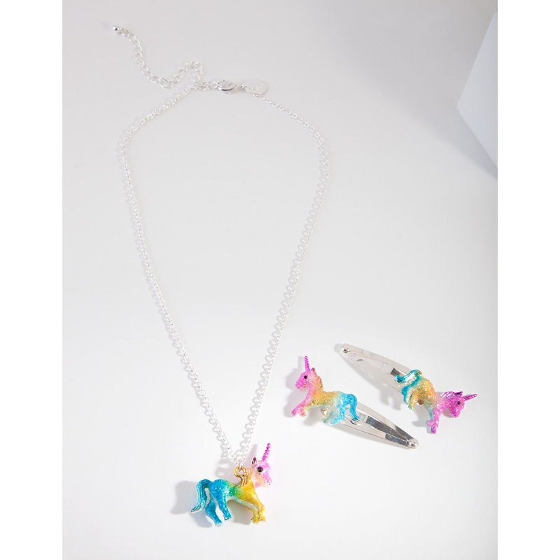 Kids Silver Unicorn Clip Necklace Set