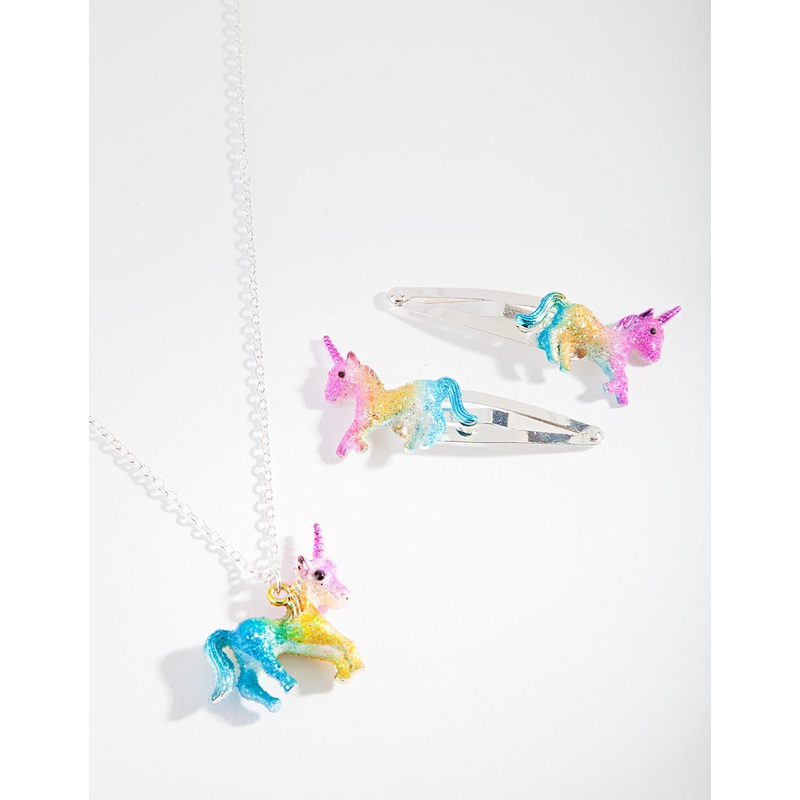 Kids Silver Unicorn Clip Necklace Set