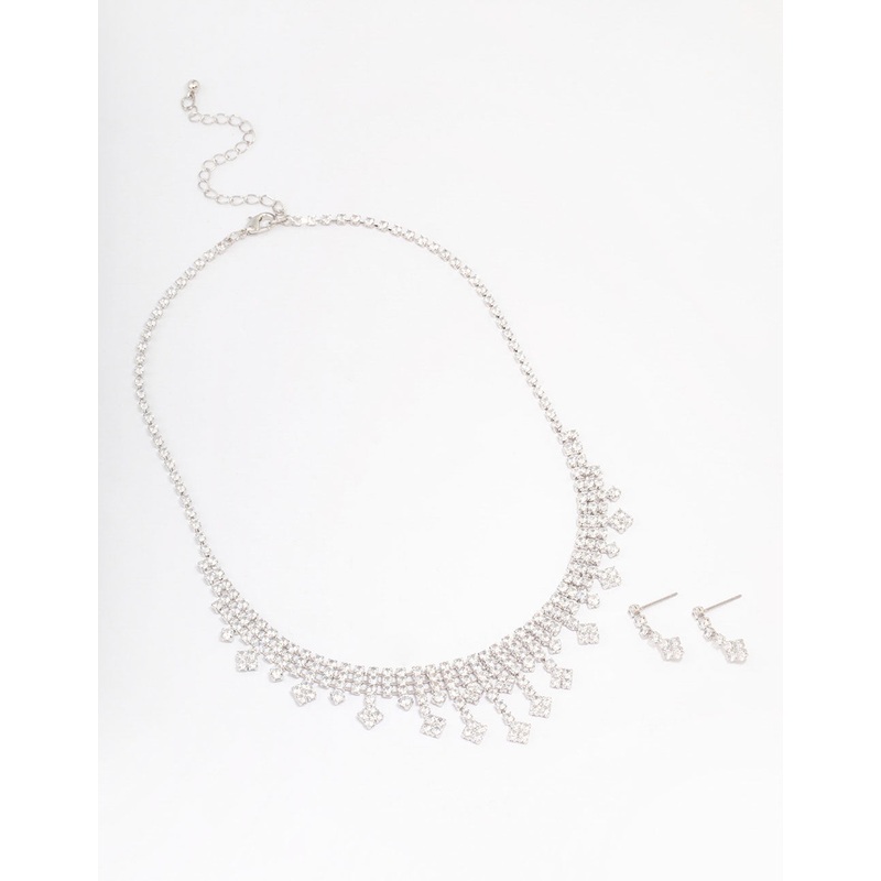 Silver Cubic Zirconia Statement Diamond Earrings & Necklace Set