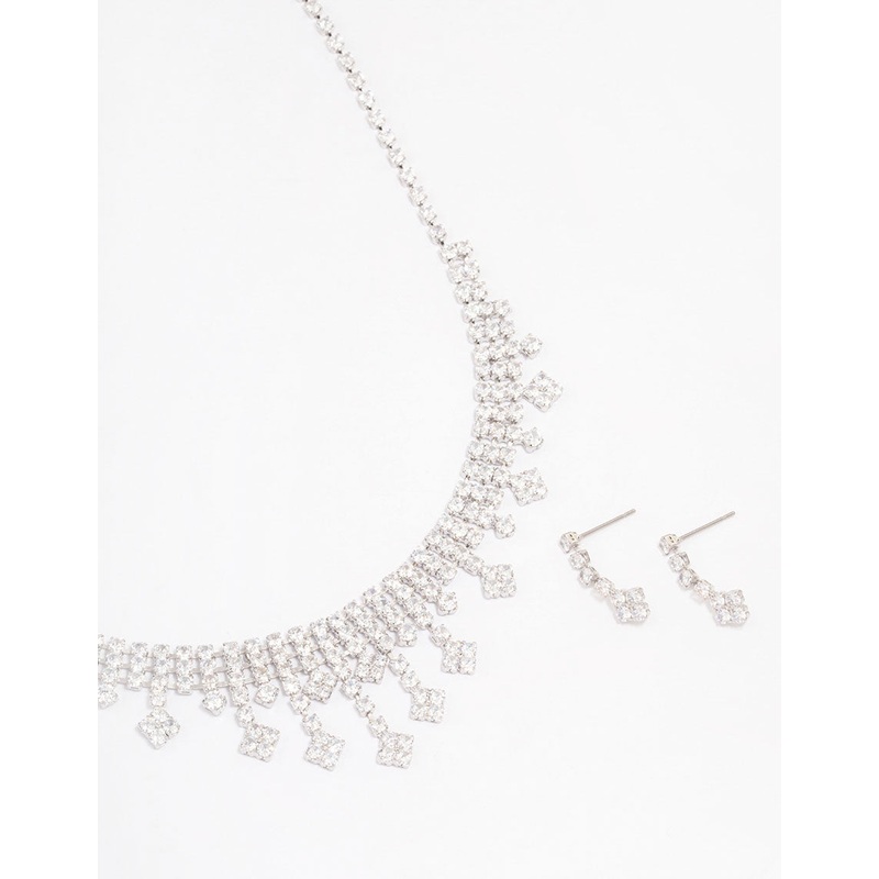 Silver Cubic Zirconia Statement Diamond Earrings & Necklace Set