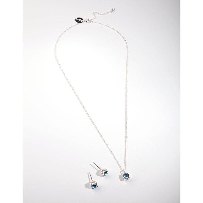 Silver Diamond Simulant Aqua Necklace & Earring Set