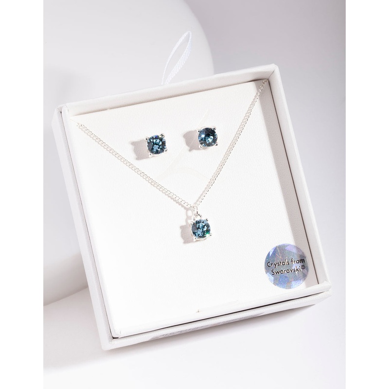 Silver Diamond Simulant Aqua Necklace & Earring Set