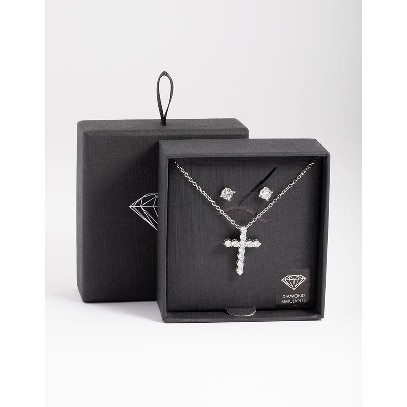 Silver Diamond Simulant Stud & Cross Necklace Set