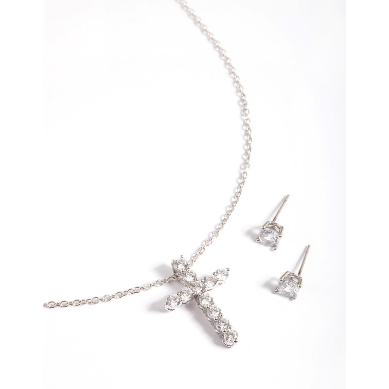 Silver Diamond Simulant Stud & Cross Necklace Set