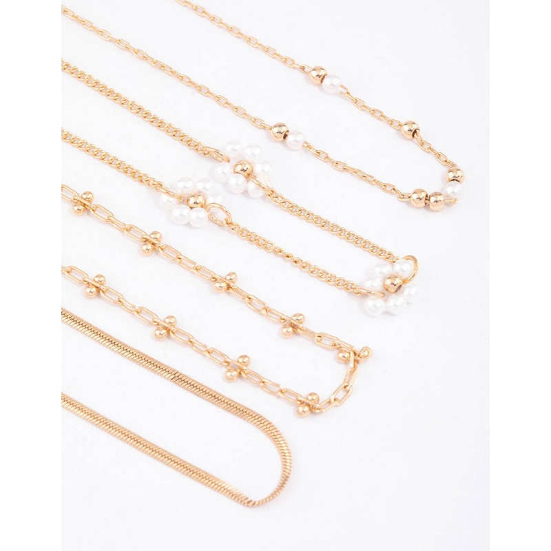 Gold Chain Pearly Flower Bracelet & Anklet 4-Pack Set