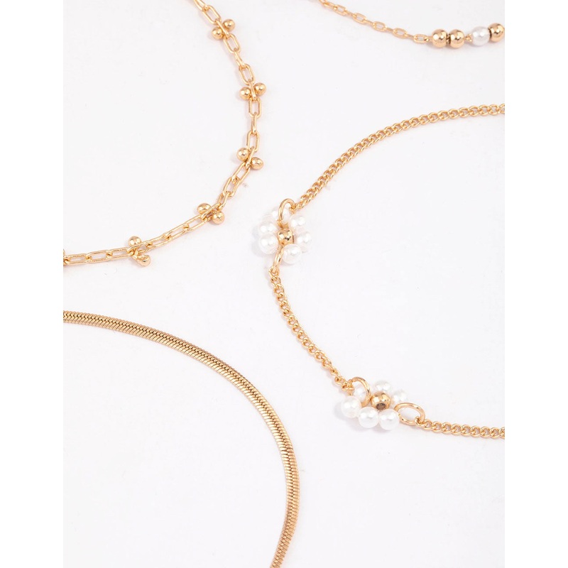 Gold Chain Pearly Flower Bracelet & Anklet 4-Pack Set