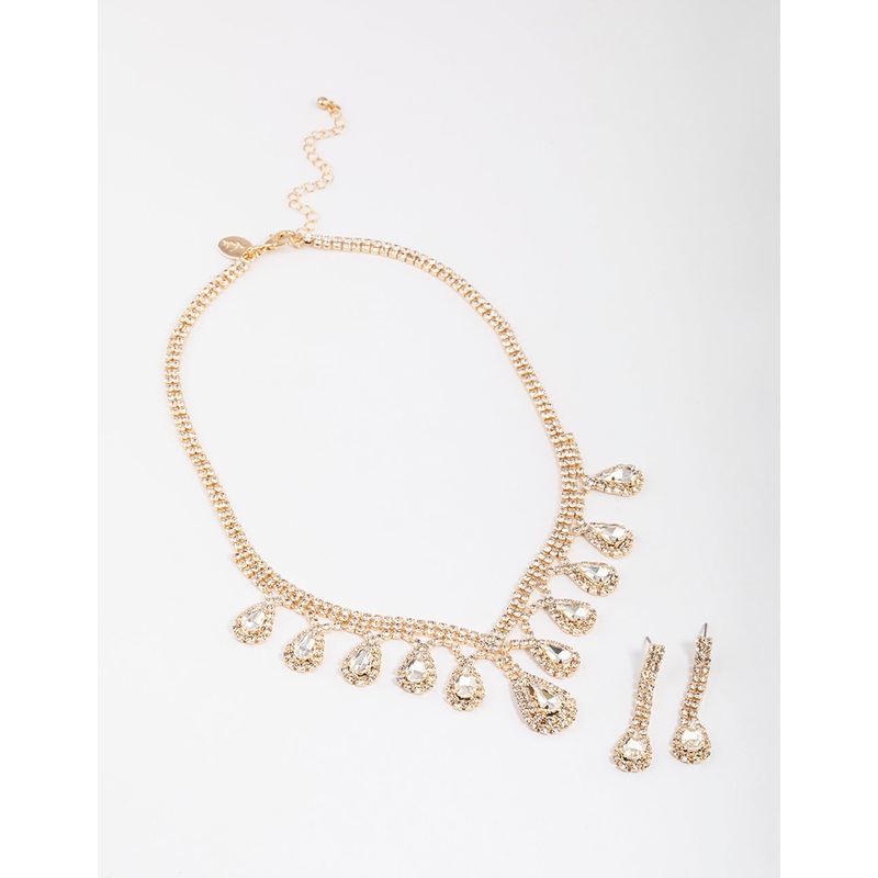 Gold Diamante Surrounded Teardrop Earrings & Necklace Set