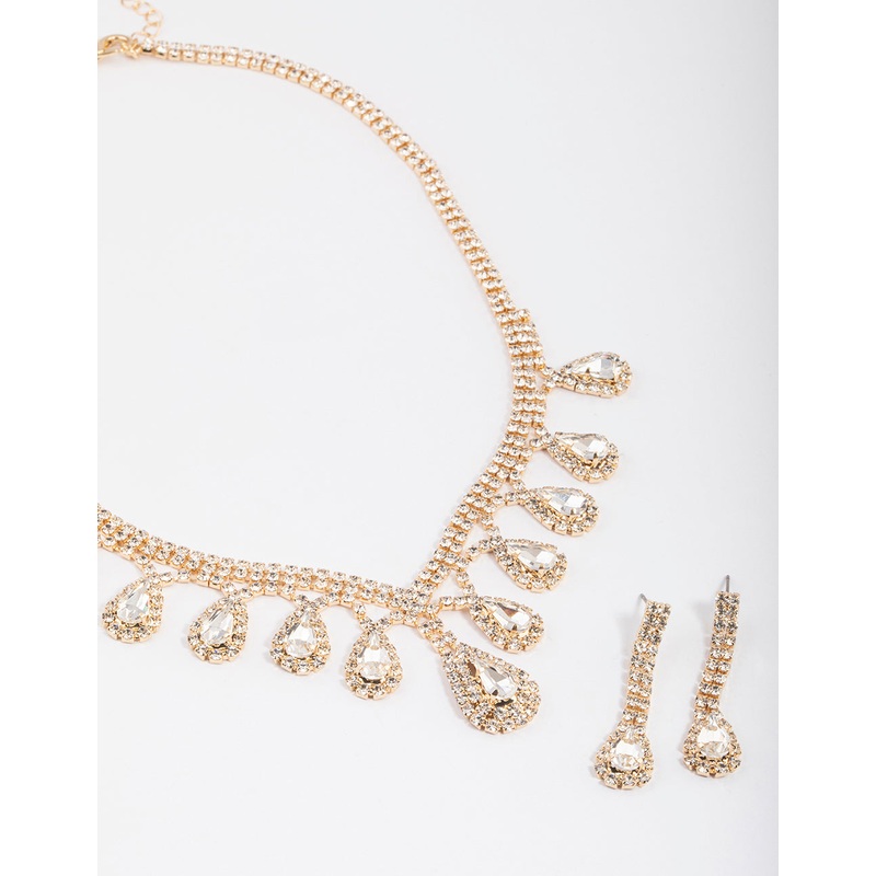 Gold Diamante Surrounded Teardrop Earrings & Necklace Set