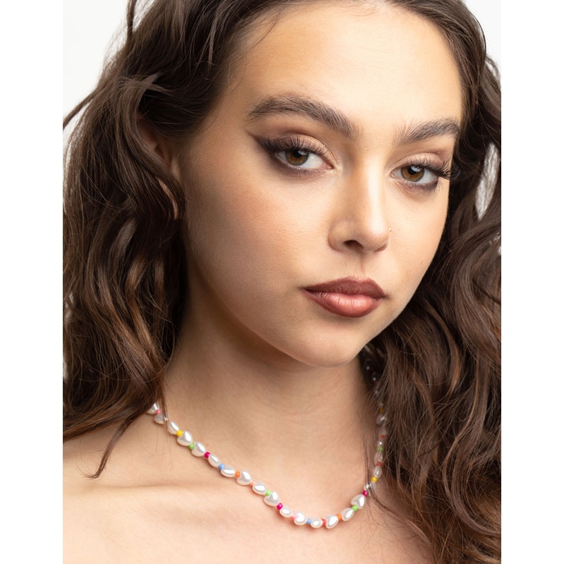 Gold Pearly Heart Bead Necklace