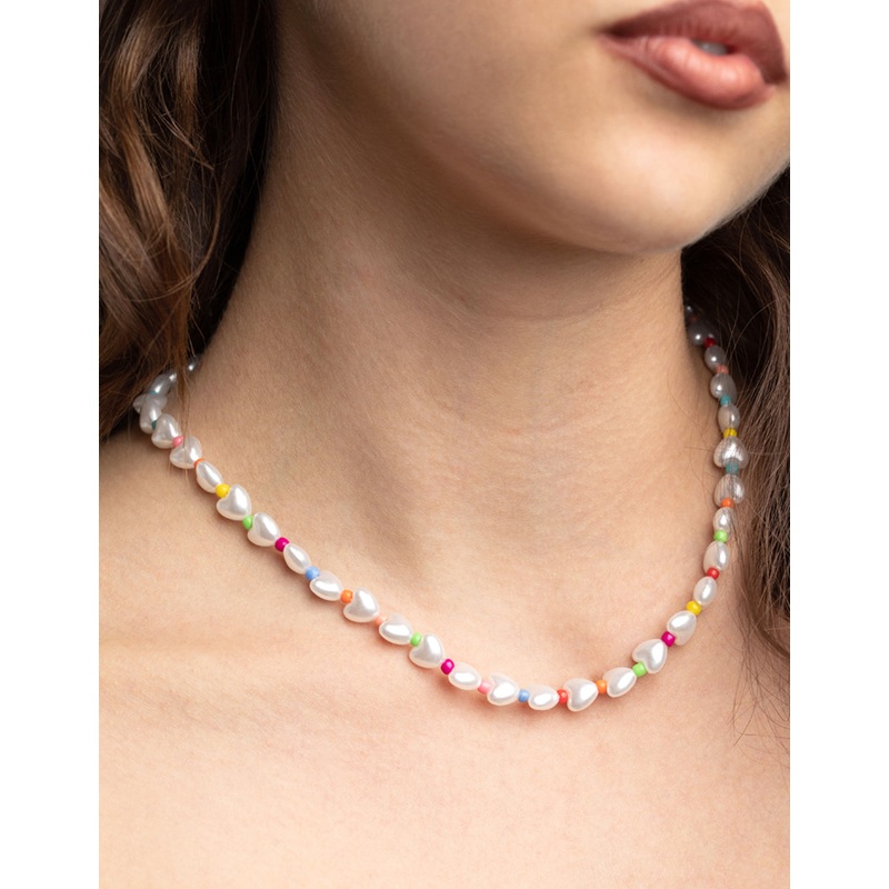 Gold Pearly Heart Bead Necklace