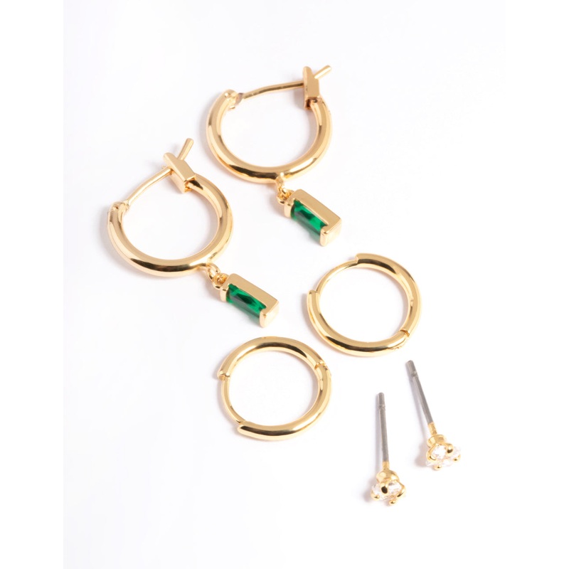 Gold Plated Brass Emerald Huggie Earrings 6-Pack