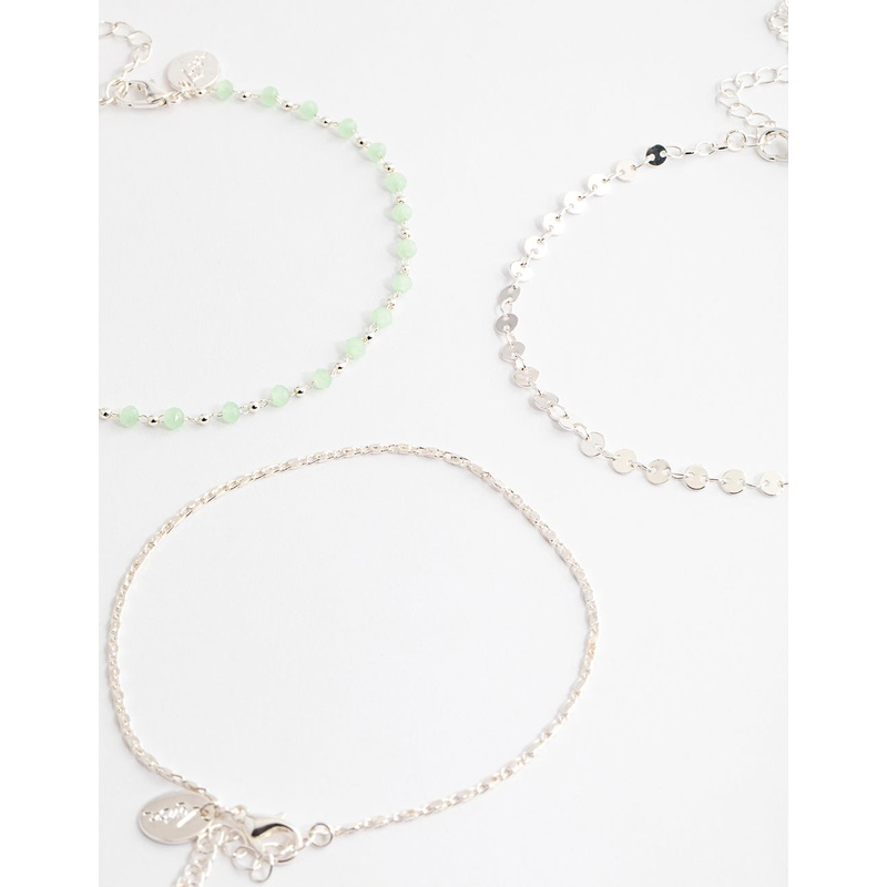 Silver Mixed Beaded & Disc Chain Anklet Pack