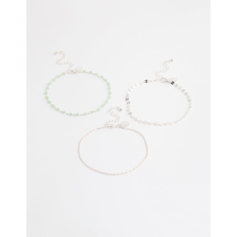 Silver Mixed Beaded & Disc Chain Anklet Pack