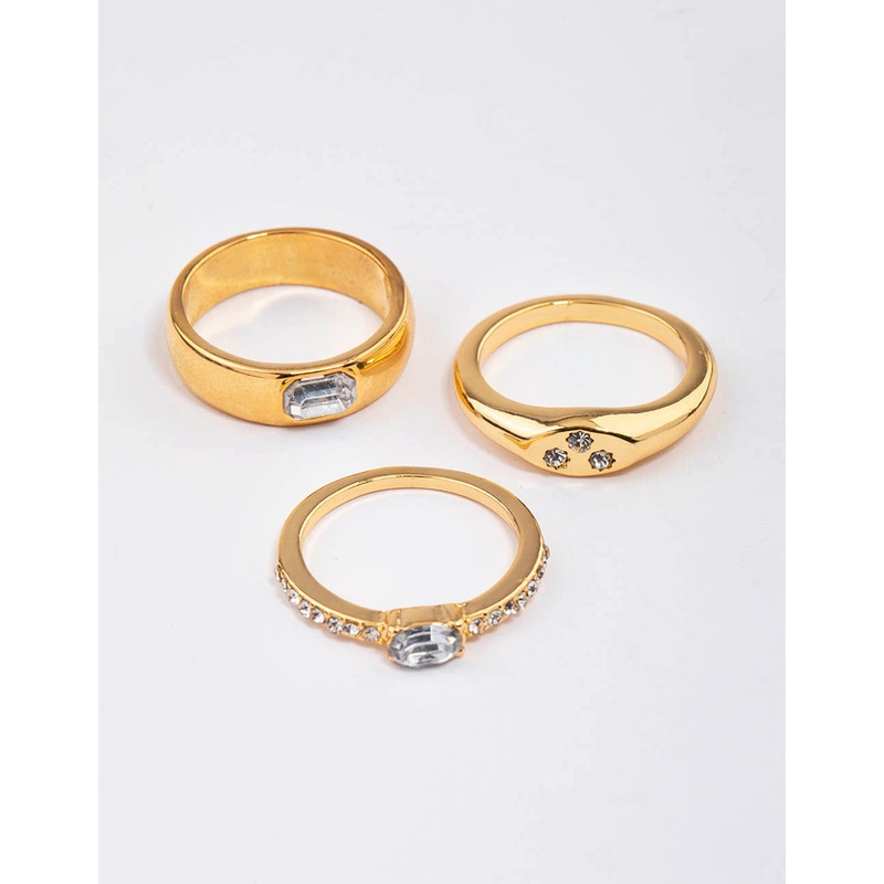 Gold Plated Round Diamante Signet Ring Pack