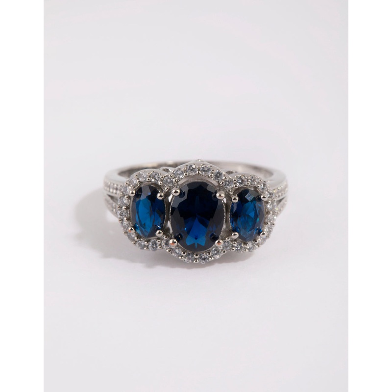 Rhodium Sapphire Cubic Zirconia Triple Stone Ring