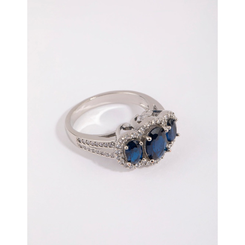 Rhodium Sapphire Cubic Zirconia Triple Stone Ring