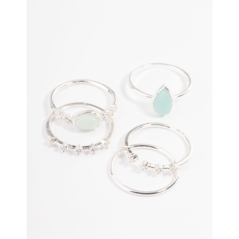 Silver Plated Amazonite Cubic Zirconia Dainty Stack Ring