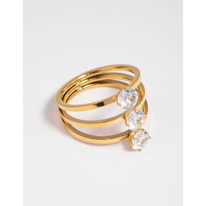 Waterproof Gold Plated Stainless Steel Cubic Zirconia Triple Tier Ring