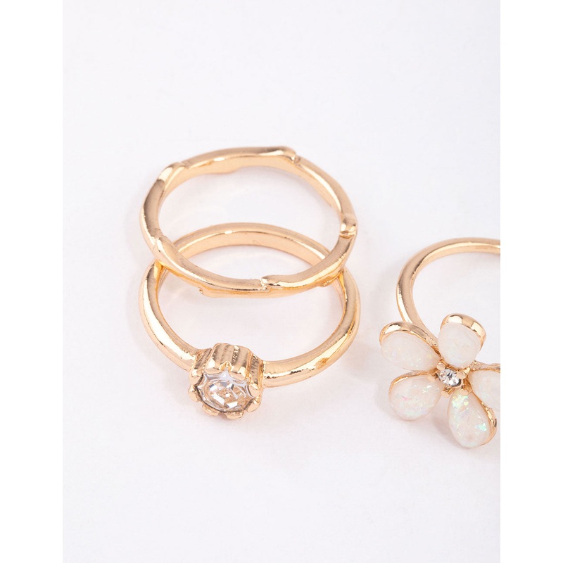 Gold Opal Flower & Diamante Ring Pack
