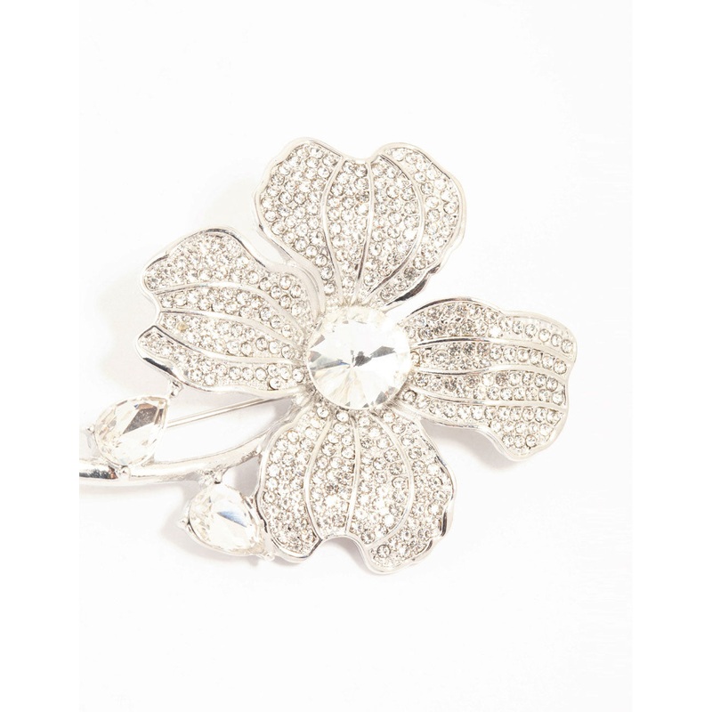 Silver Diamante Flower Brooch