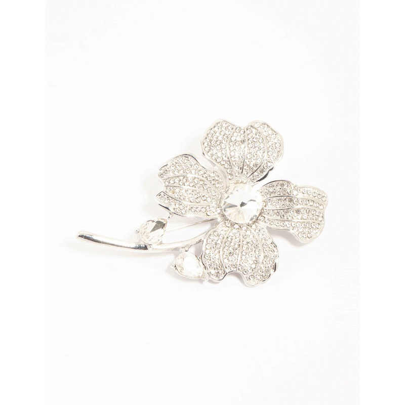 Silver Diamante Flower Brooch