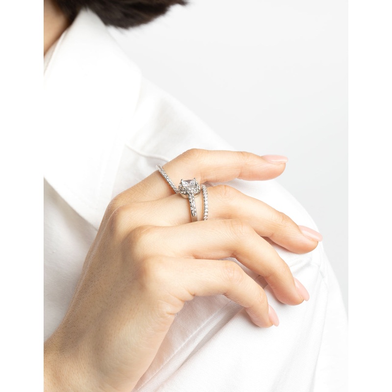 Silver Diamond Simulant Square Ring Pack