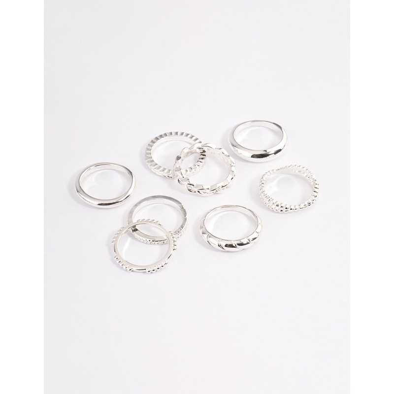 Silver Plain & Molten Twisted Ring 8-Pack