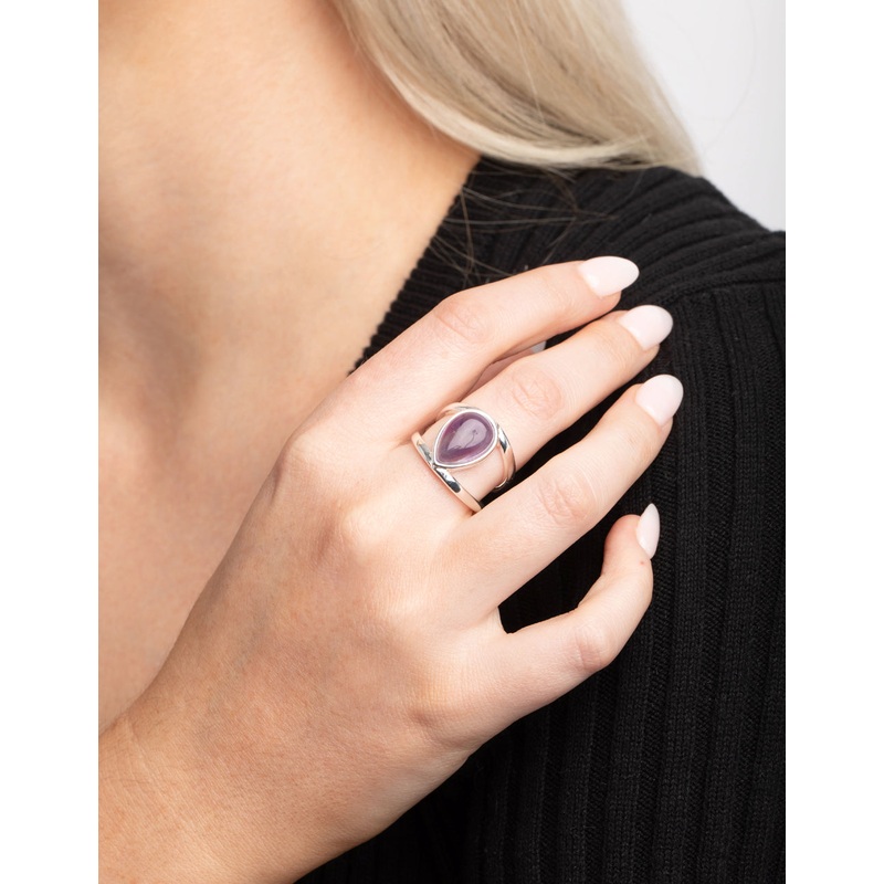 Silver Purple Pear Stone Band Ring