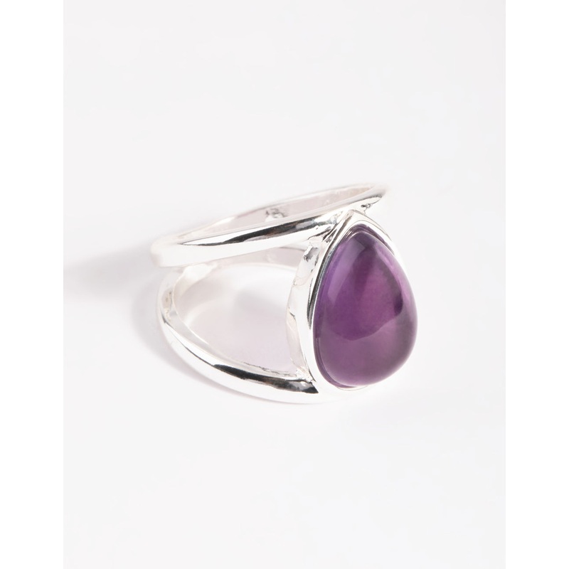 Silver Purple Pear Stone Band Ring