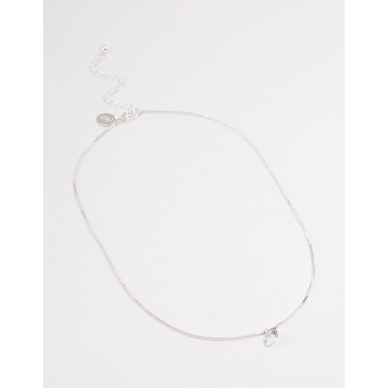Silver Single Cubic Zirconia Box Chain Necklace