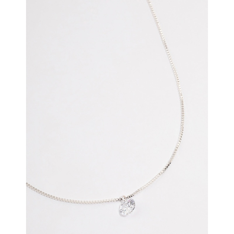 Silver Single Cubic Zirconia Box Chain Necklace