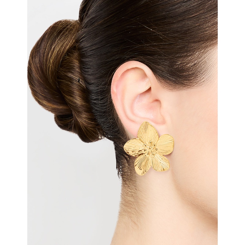 Waterproof Gold Plated Stainless Steel Textured Flower Stud Earrings