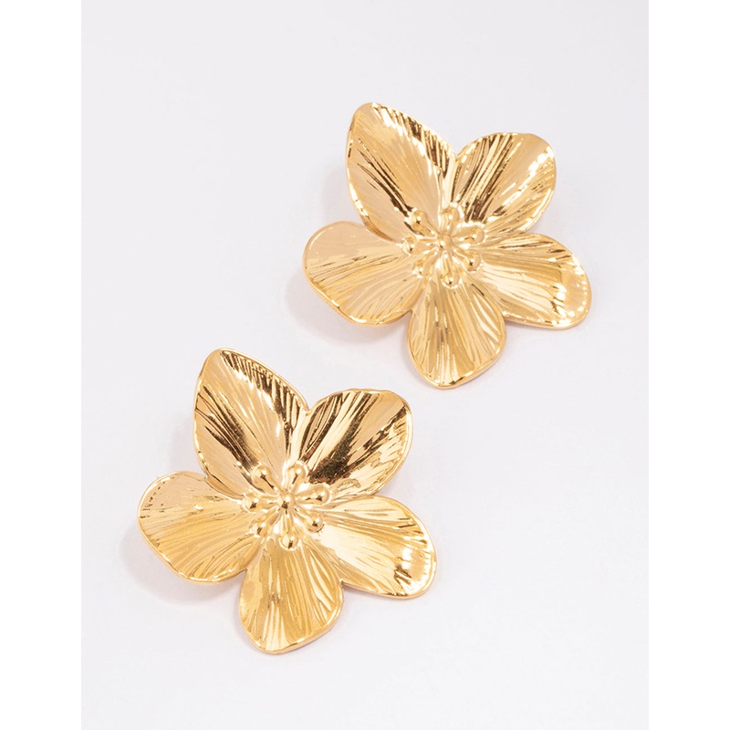 Waterproof Gold Plated Stainless Steel Textured Flower Stud Earrings