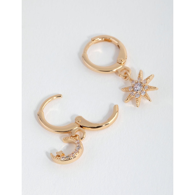Gold Diamante Mismatched Celestial Huggie Earrings