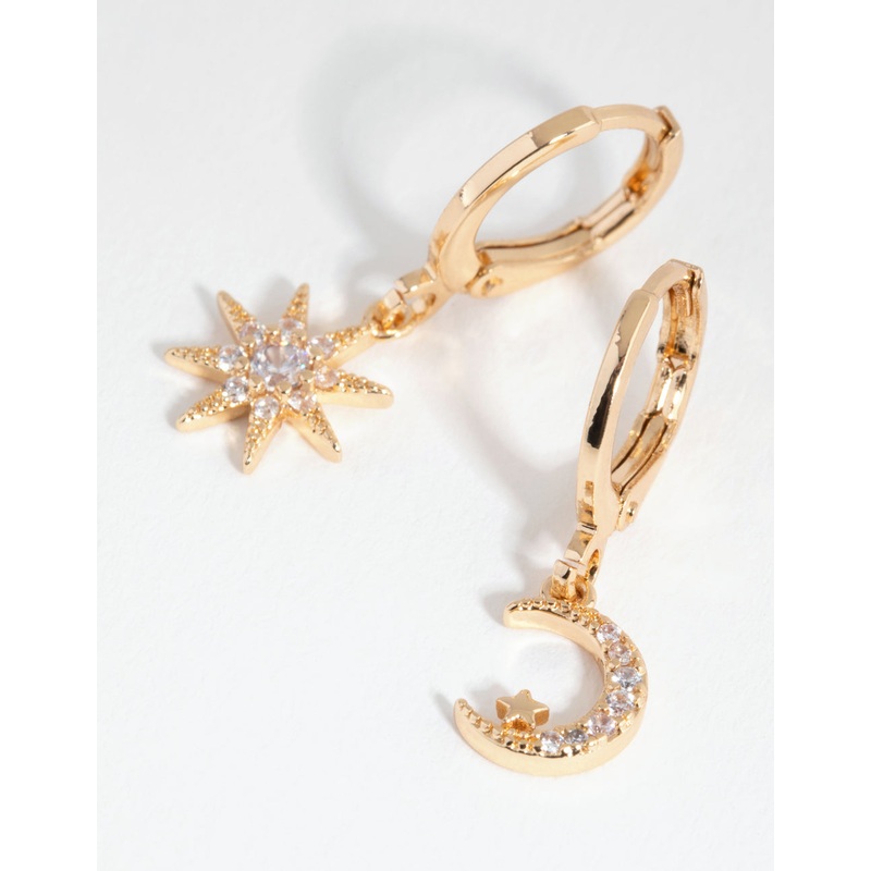 Gold Diamante Mismatched Celestial Huggie Earrings