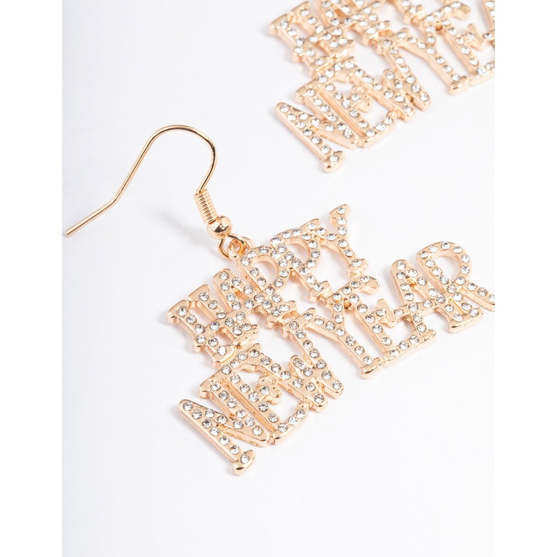 Gold Happy New Year Diamante Drop Earrings