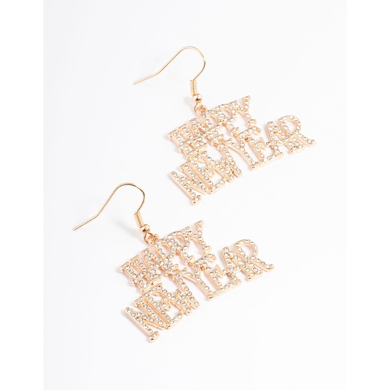 Gold Happy New Year Diamante Drop Earrings
