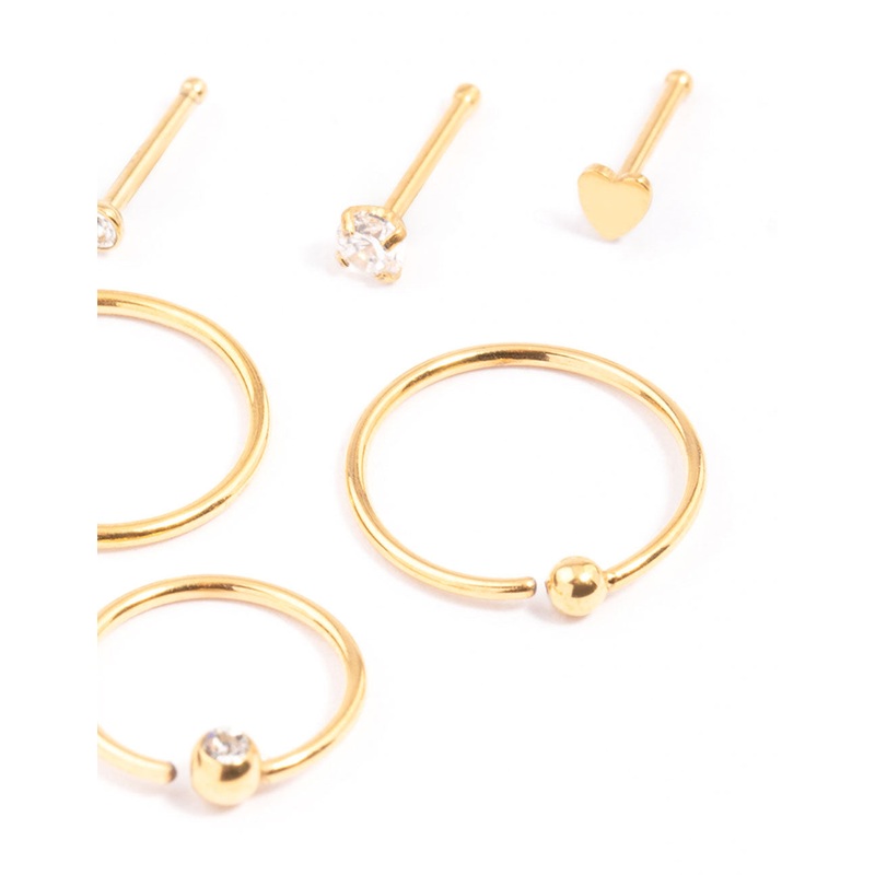 Gold Plated Surgical Steel Bone & Ball Nose Ring 6-Pack