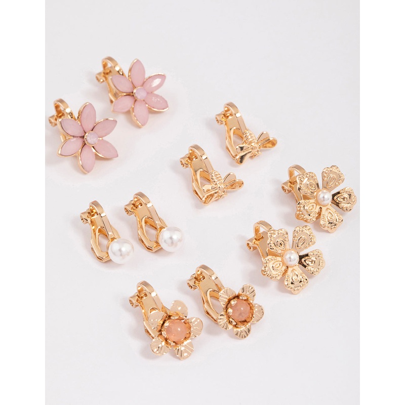 Gold Pretty Flower Clip On Earrings 5-Pack
