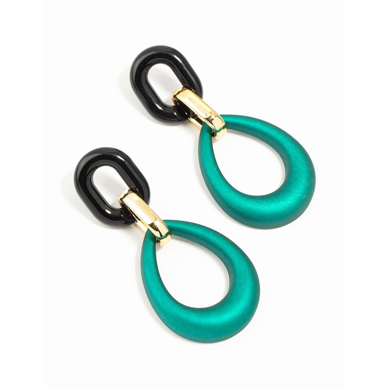 Gold Blue Teardrop Oval Link Drop Earrings
